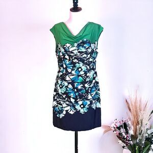BCBGMAXAZRIA Shift Dress Emerald Green Navy Blue Sleeveless Abstract Floral Sz L